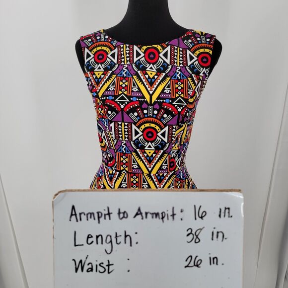 Hanpceirs Dress Womens Medium Geo Print Swing Colorful Zip Back Retro Cocktail - Picture 12 of 13